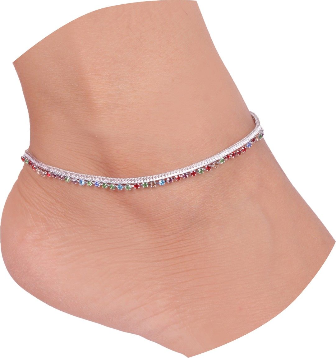 1 Pieces New Horizons Payal Embedded Stone Pazeb Single Strip Anklet Stylish Foot Jewelry Women Anklet Girls Anklet Fashion Pazeb Stone Anklet Jewelry Modern Stylish Payal Elegant Anklet Daily Wear Anklet Party Wear Style Anklet Bridal Payal - Silver Multicolor