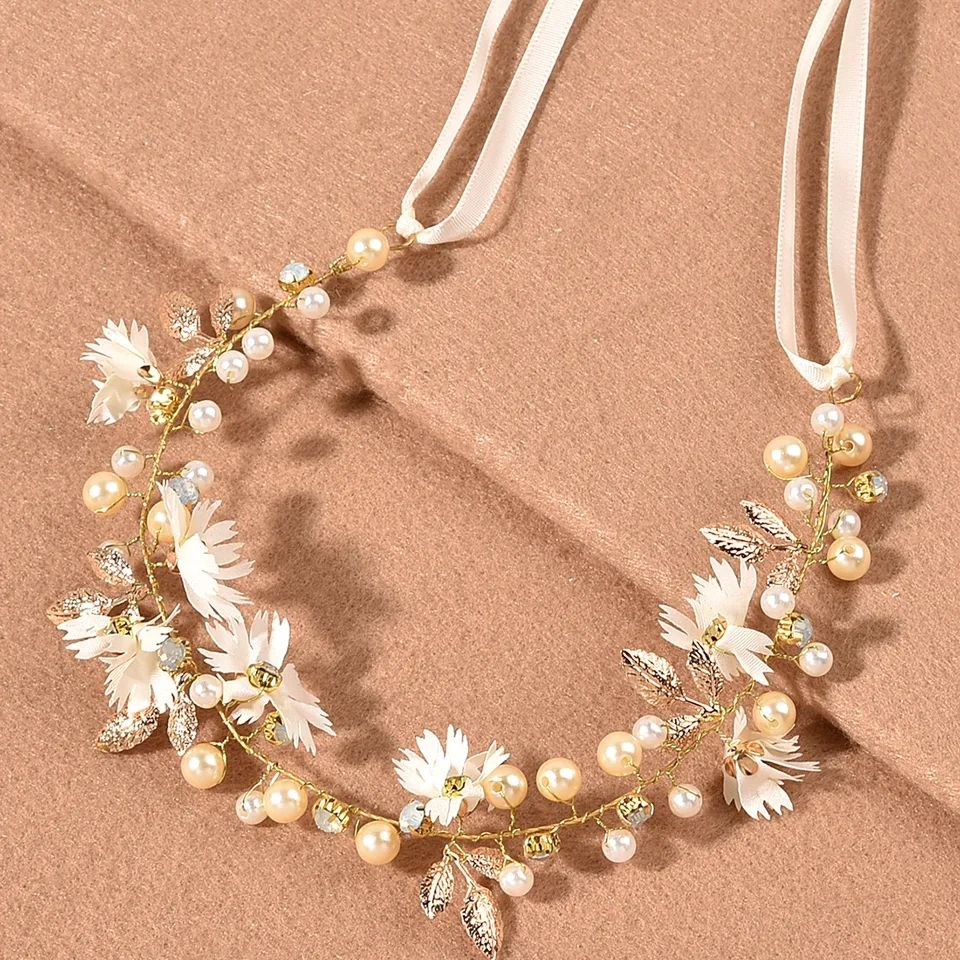 Wedding Crystal Pearl Flower Headband Tiara Hair Vine For Women Bride Bridal Wedding Hair Styling Accessories Jewelry Ornaments Headband Decorative Styling Gems For Events - Bronze