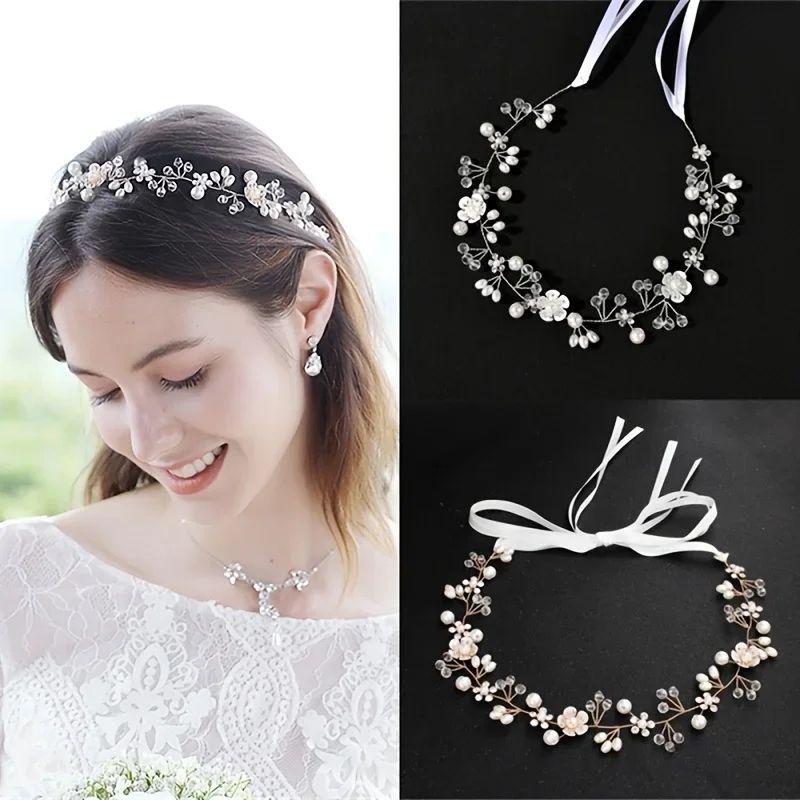 Wedding Crystal Pearl Flower Headband Tiara Hair Vine For Women Bride Bridal Wedding Hair Styling Accessories Jewelry Ornaments Headband Decorative Styling Gems For Events - White