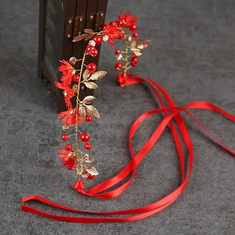 Wedding Crystal Pearl Flower Headband Tiara Hair Vine For Women Bride Bridal Wedding Hair Styling Accessories Jewelry Ornaments Headband Decorative Styling Gems For Events - Wine Red