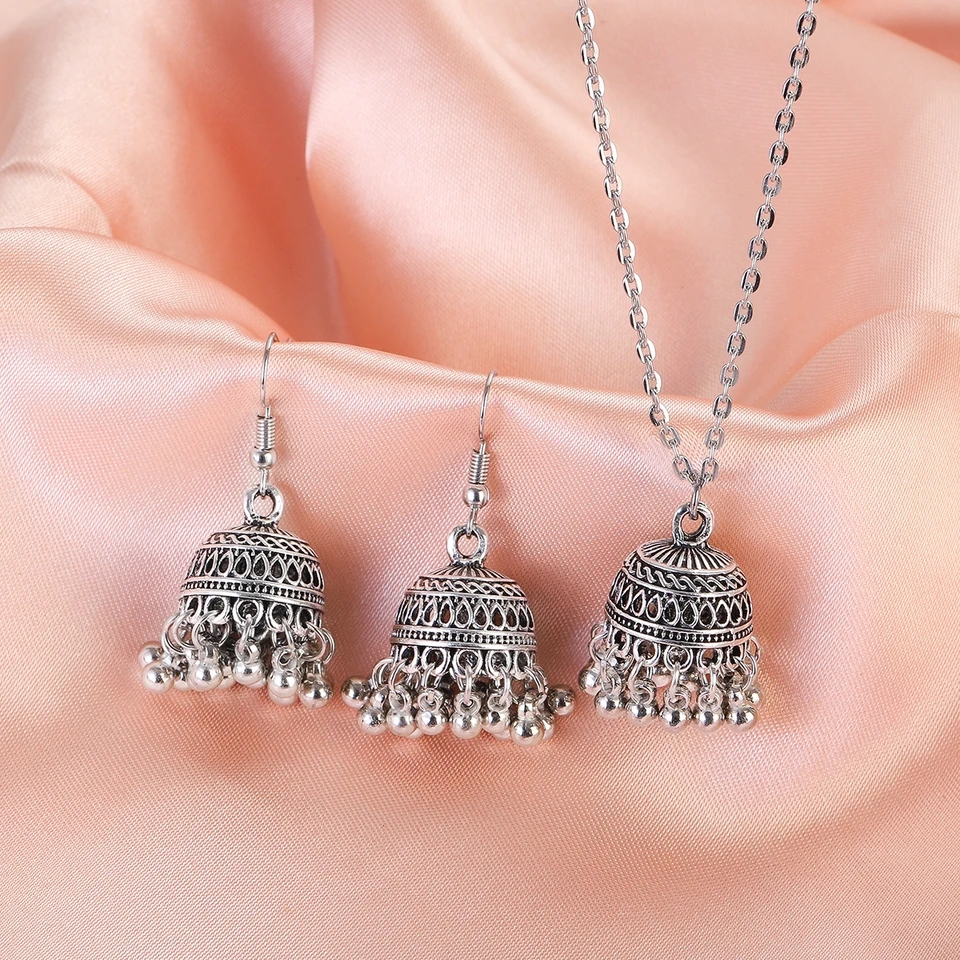Antique Silver Jewelry Set Traditional Jhumka Earrings Jewelry Pendant Oxidized Earrings Necklace Women Jewelry Ethnic Bahubali Earrings Bridal Jewelry Girls Fashion Jewelry Stylish Earrings With Pendant Festival Jewelry Party Wear Style