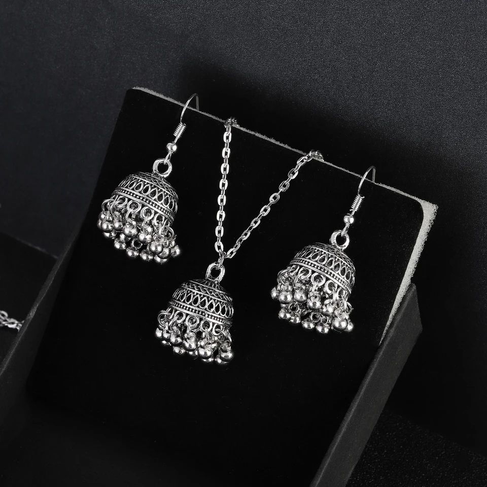 New Horizons Oxidized Jewelry Silver Jhumka Earrings Jewelry Necklace Set Baho Style Earrings Women Jewelry Girls Jewelry Antique Oxidized Pendant Set Traditional Jewelry Party Jewelry Bridal Jewelry Ethnic Earrings Necklace Wedding Jewelry Gift - Jhumka + Necklace