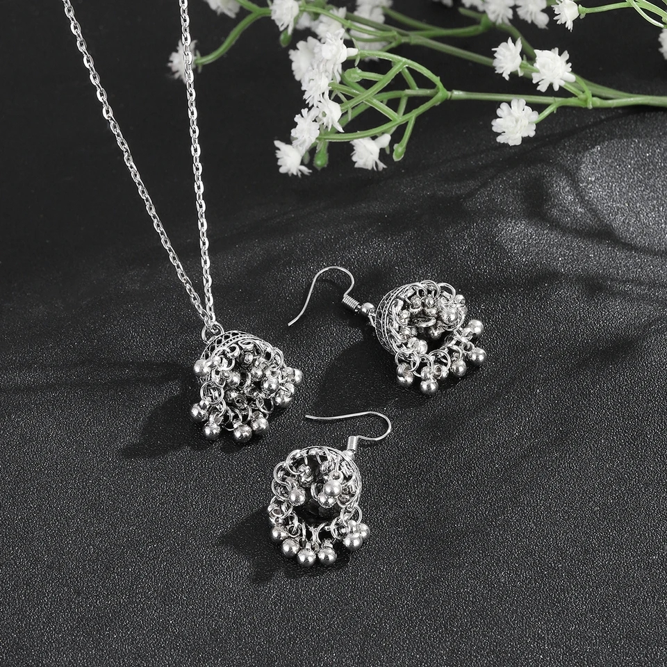 New Horizons Oxidized Jewelry Silver Jhumka Earrings Jewelry Necklace Set Baho Style Earrings Women Jewelry Girls Jewelry Antique Oxidized Pendant Set Traditional Jewelry Party Jewelry Bridal Jewelry Ethnic Earrings Necklace Wedding Jewelry Gift - Oxidized Jhumka