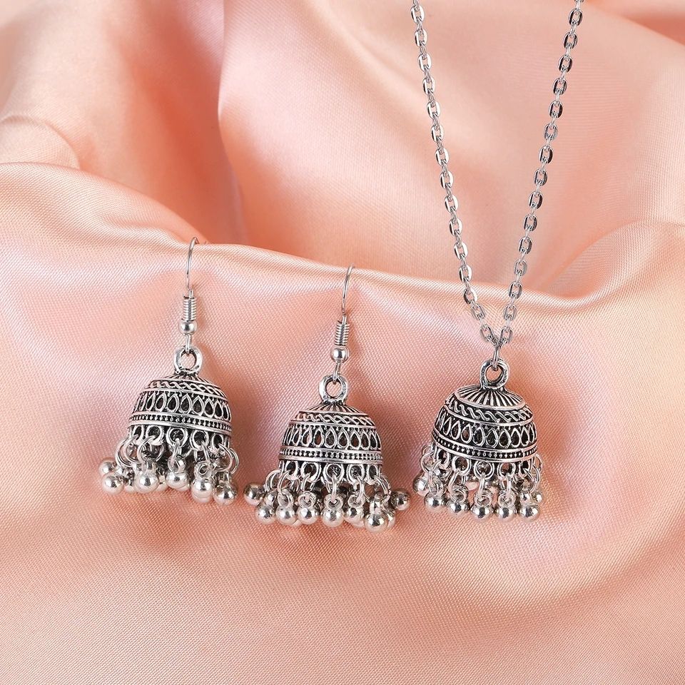 Oxidized Jhumka Earrings Jewelry Silver Earrings Bahubali Earrings Necklace Pendant Set Traditional Earrings Ethnic Earrings Women Earrings Girls Earrings Party Earrings Wedding Jewelry Oxidized Jewelry Antique Style Earrings Bridal Jewelry Set