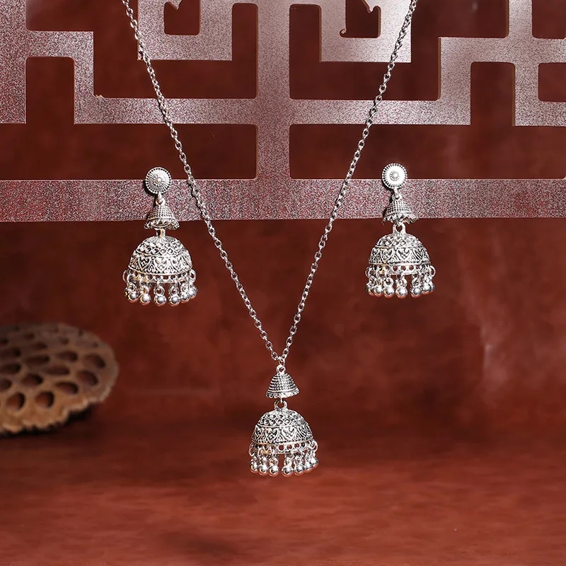 Oxidized Jhumki Necklace Golden Silver Tone Women Girls Tribal Ethnic Jewellery Set Traditional Oxidised Necklace For Women Statement Jhumka Necklace Golden Silver Adjustable Chain Ethnic Fashion Accessory Gift