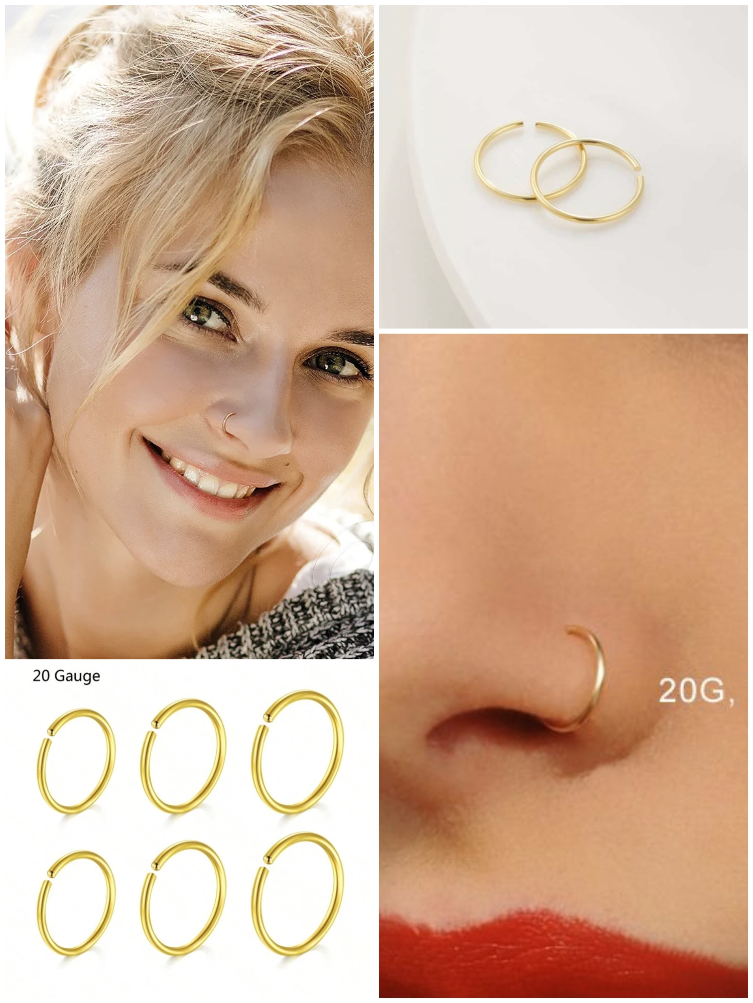 20 Pieces Golden Nose Ring Jewelry 8mm Naak ki Long Naak ki Bali Nath Nathli Nathni Nose Pin Jewelry for Piercing and None Piercing 8mm Nose Ring Jewelry Daily Party Wear Nose Jewelry Accessory