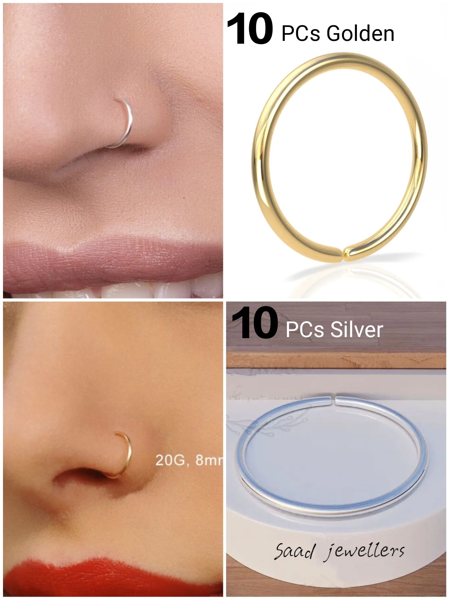 20 Pieces Nose Ring Jewelry Set For Women Long Nose Ring Jewelry Stainless Steel Nose Jewelry Non Piercing Nose Cuff For Girls Light Weight Nose Hoop Fashion Nose Accessory Elegant Nose Ring Jewelry Daily Wear Nose Ring Jewelry For Girls - 10 Goldn & 10 Silver