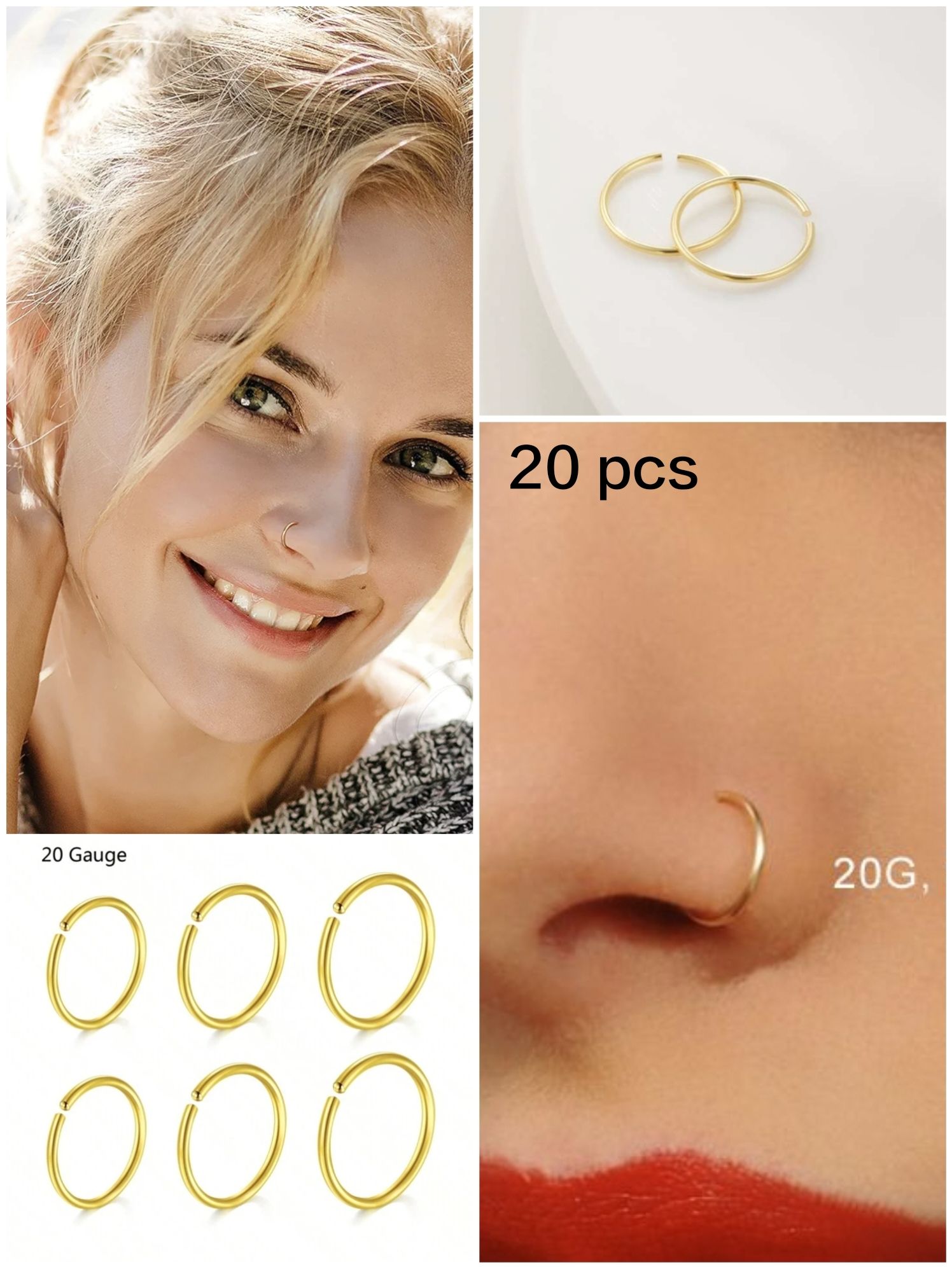 20 Pieces Nose Ring Jewelrys Golden Silver Long Naak Ka Koka Naak Ki Bali Nath Nathli Nathni For Piercing And Non Piercing Women Girls Multi Style Nose Jewelry Value Pack Modern Stylish Festival Gift Long Nath Nathli Nathni Nose Pin Jewelry - 7mm Golden Nose Ring