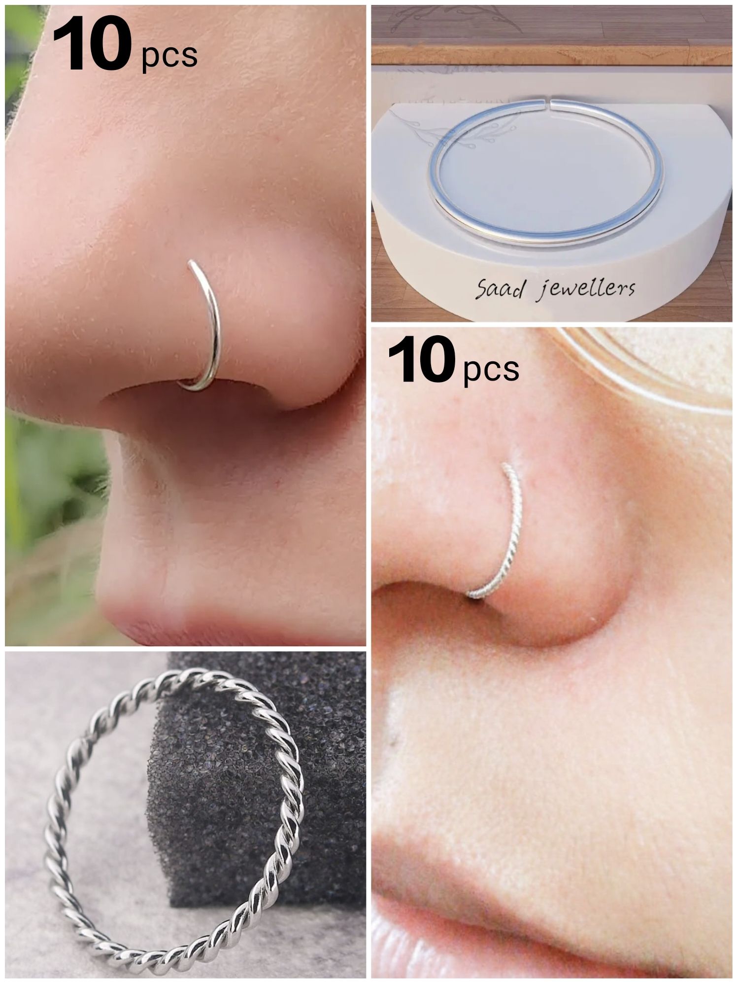 20 Pieces Silver Nose Ring Jewelry Set 10 Plain 10 Twisted Spiral 8mm Stainless Steel Nose Pin Jewelry For Piercing And Non Piercing Women Girls Daily Party Wear Nose Jewelry Accessory