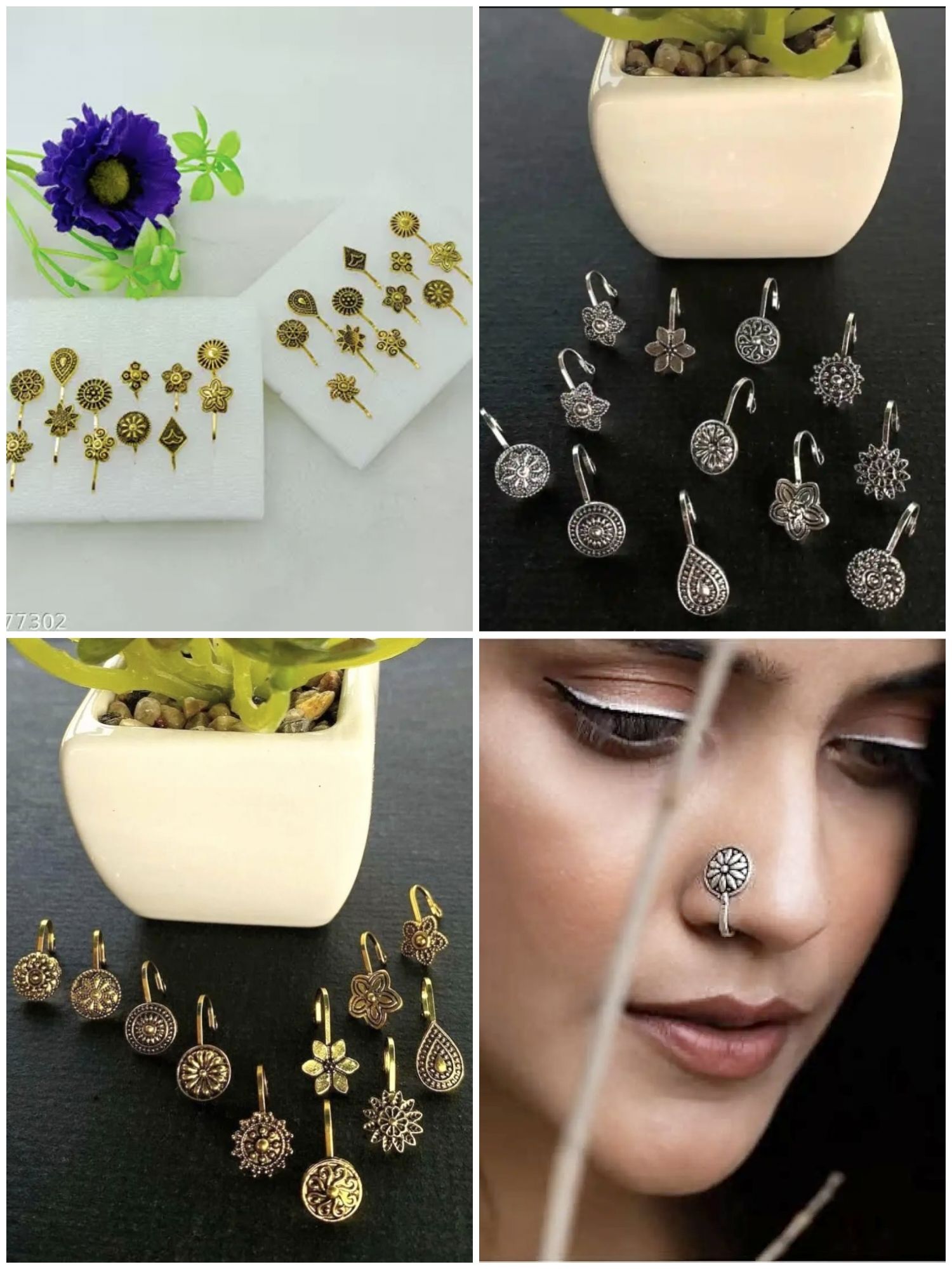 3 Pieces Golden Oxidized Nose Pin Jewelry 3 Pieces Silver Oxidized Nose Ring Jewelry For Piercing And Non Piercing Nose Pin Jewelrys For Girls And Women Traditional Nose Jewelry Stylish Nose Stud Set Fancy Nose Pin Jewelry Oxidized Nose Ring - 3 Golden & 3 Silver