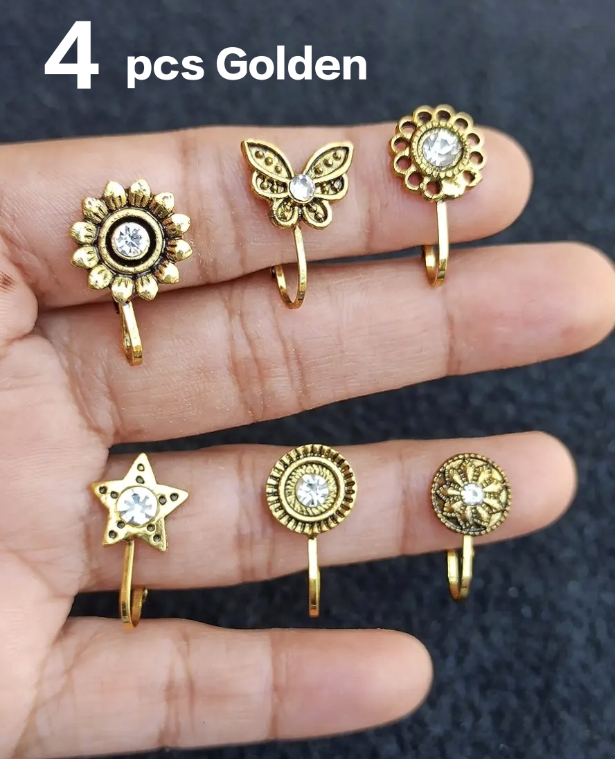 3 Pieces Golden Oxidized Nose Pin Jewelry 3 Pieces Silver Oxidized Nose Ring Jewelry For Piercing And Non Piercing Nose Pin Jewelrys For Girls And Women Traditional Nose Jewelry Stylish Nose Stud Set Fancy Nose Pin Jewelry Oxidized Nose Ring - 3 Golden & 3 Silver