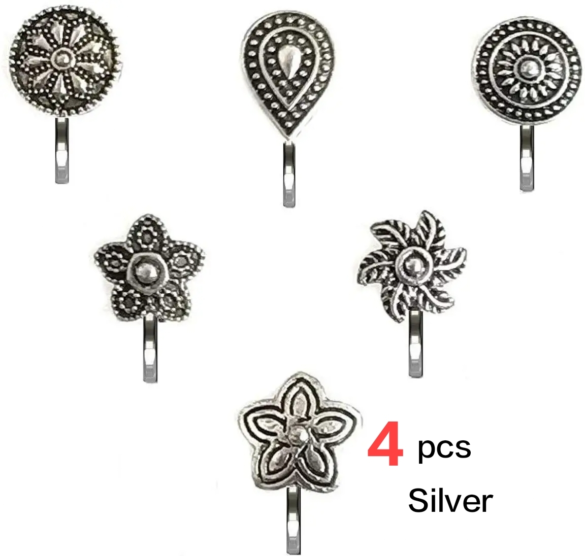 3 Pieces Golden Oxidized Nose Pin Jewelry 3 Pieces Silver Oxidized Nose Ring Jewelry For Piercing And Non Piercing Nose Pin Jewelrys For Girls And Women Traditional Nose Jewelry Stylish Nose Stud Set Fancy Nose Pin Jewelry Oxidized Nose Ring - 4 pcs Silver