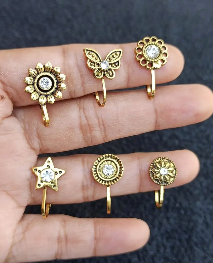 3 Pieces Golden Oxidized Nose Pin Jewelry 3 Pieces Silver Oxidized Nose Ring Jewelry For Piercing And Non Piercing Nose Pin Jewelrys For Girls And Women Traditional Nose Jewelry Stylish Nose Stud Set Fancy Nose Pin Jewelry Oxidized Nose Ring - 6 Pcs Golden