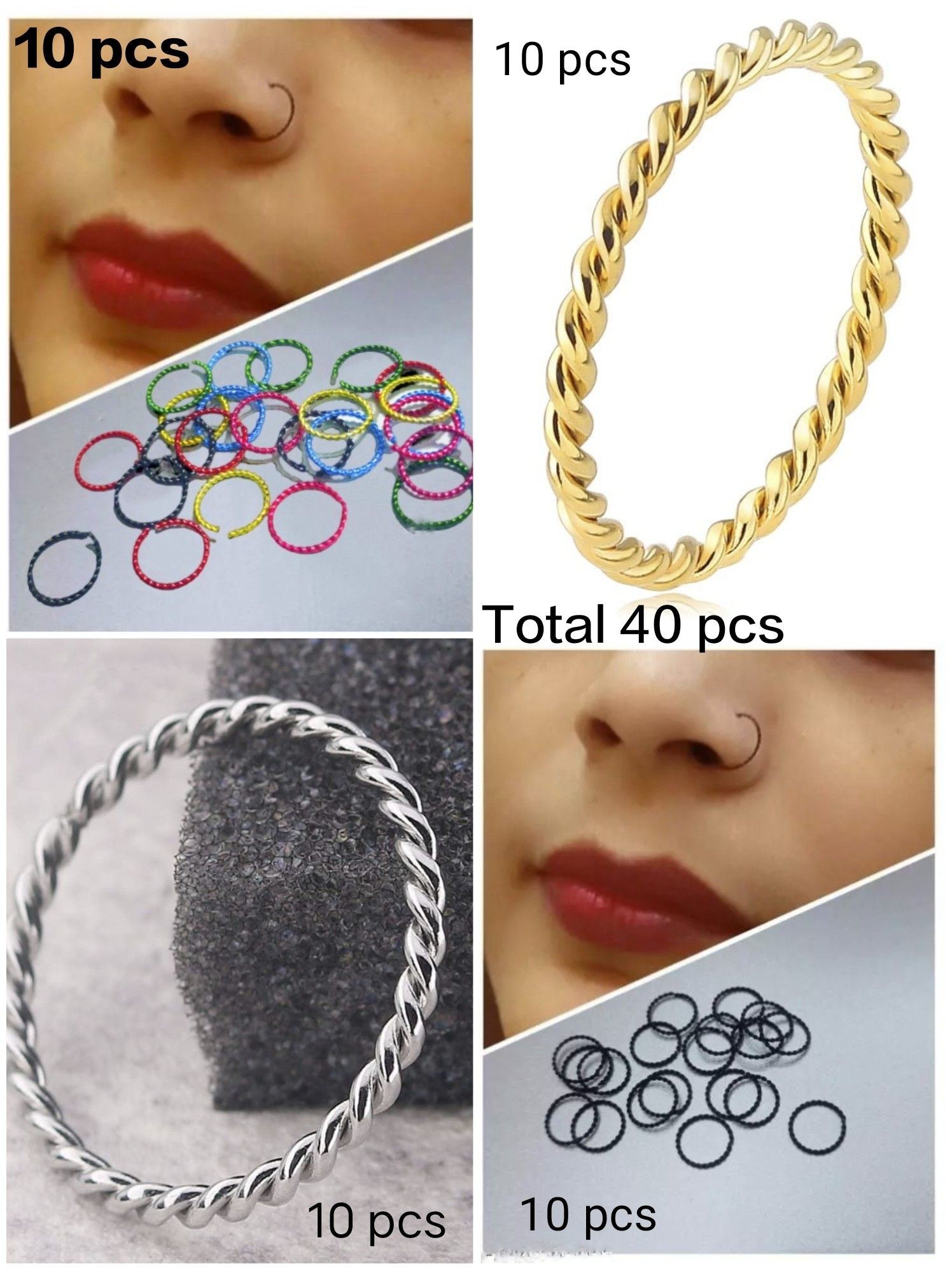 48 Pieces Spiral Twisted Nose Ring Jewelry Set Golden Silver Black Multi Color Nose Pin Jewelry For Piercing And Non Piercing Stylish Fake Nose Ring Jewelry Naak Ki Bali Nath Nathni Comfortable Light Weight Nose Accessory Modern Stylish Daily - 48 Pcs Spril Twisted
