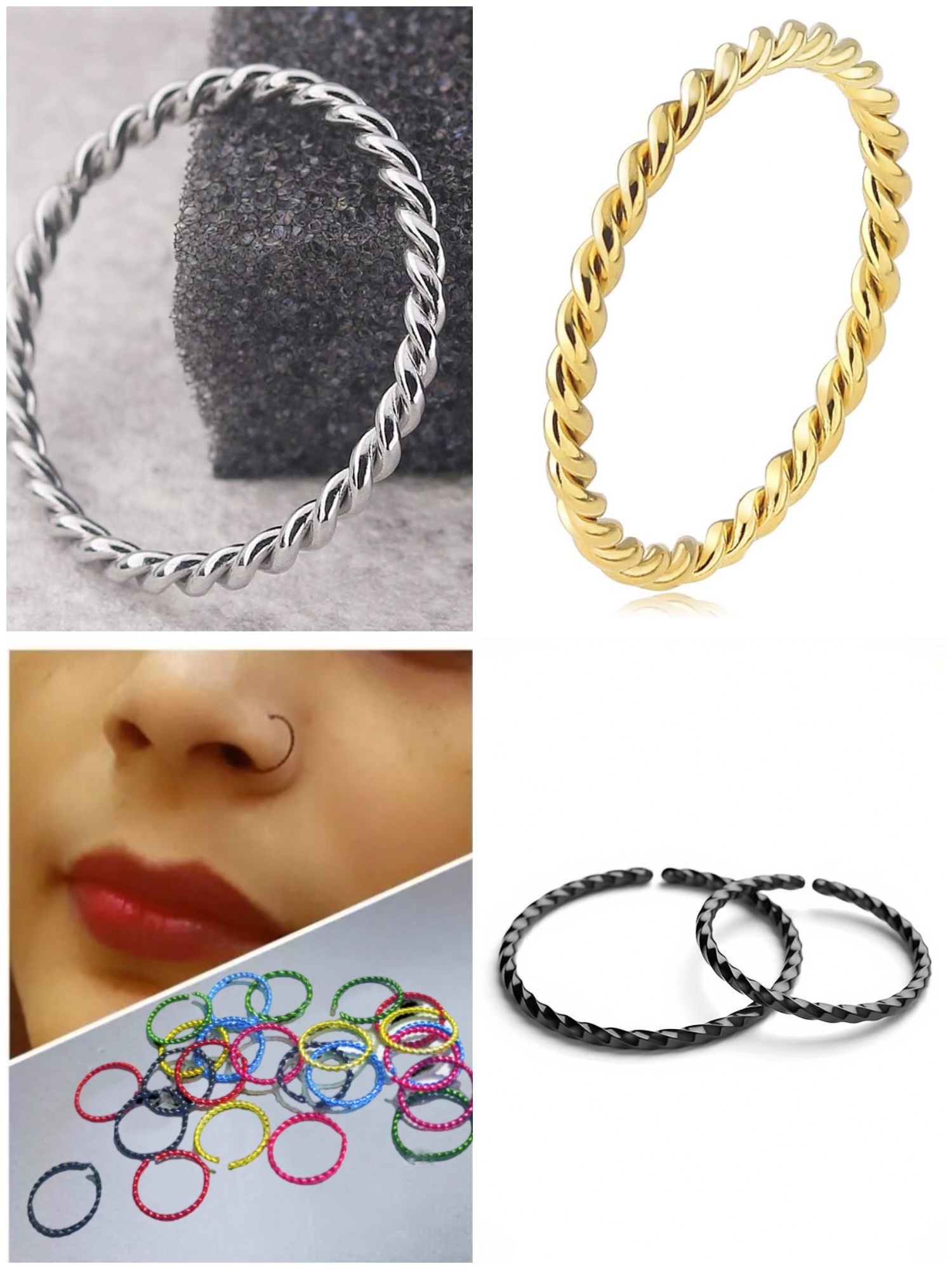 48 Pieces Spiral Twisted Nose Ring Jewelry Set Golden Silver Black Multi Color Nose Pin Jewelry For Piercing And Non Piercing Stylish Fake Nose Ring Jewelry Naak Ki Bali Nath Nathni Comfortable Light Weight Nose Accessory Modern Stylish Daily - 48 Pcs Spril Twisted