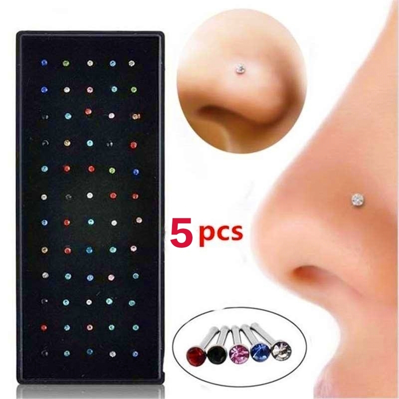 5 Pieces Nose Pin Jewelry Stainless Steel Nose Pin Jewelry Silver and Multi Color Nose Ring Jewelry for Piercing and None Piercing 1mm 2mm Stone Sterilize Nose Pin Jewelry Daily Party Wear Nose Jewelry Accessory