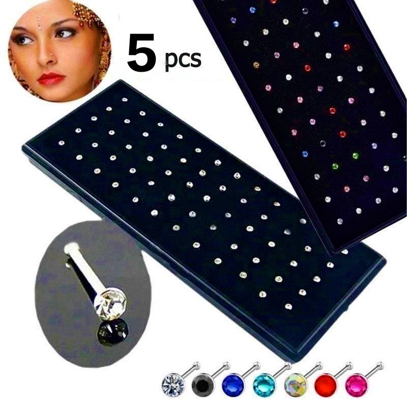 5 Pieces/ Nose Ring Jewelry For Women & Girls Stylish Fashion Nose Ring Jewelry Stylish Nose Pin Jewelry For Daily Wear Traditional Nose Stud Light Weight Nose Jewelry Non Piercing Nose Ring Jewelry Oxidized Nose Pin Jewelry Gold Plated Nose - Multicolor