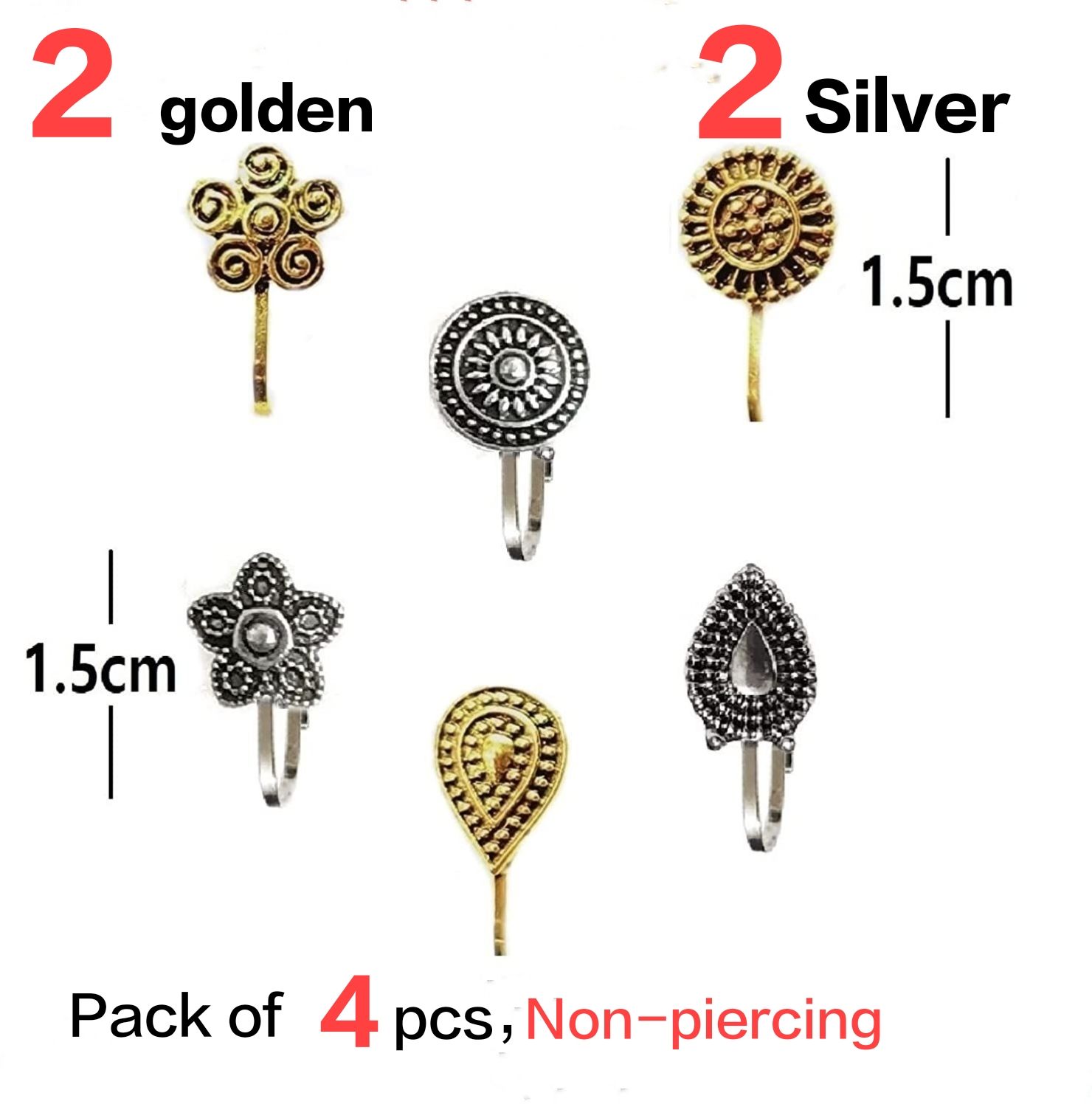 6 Pieces Nose Pin Jewelry Set Golden Silver Tone Oxidized Nose Ring Jewelry for Women Nose Cuff for Pierced and Non Pierced Nose Stylish Nose Pin Jewelrys Fashion Jewelry Nose Studs Combo Ethnic Traditional Nose Ring Jewelrys Daily Wear Nose - 2 Silver & 2 Golden