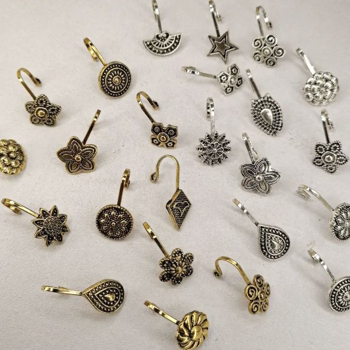 6 Pieces Oxidized Nose Ring Jewelry Nose Pin Jewelry Multiple Design Fake Nose Pin Jewelry Golden And Silver Tone Stainless Steel Nose Jewelry For Girls And Women Non Piercing And Piercing Use - 2 Golden 2 Silver