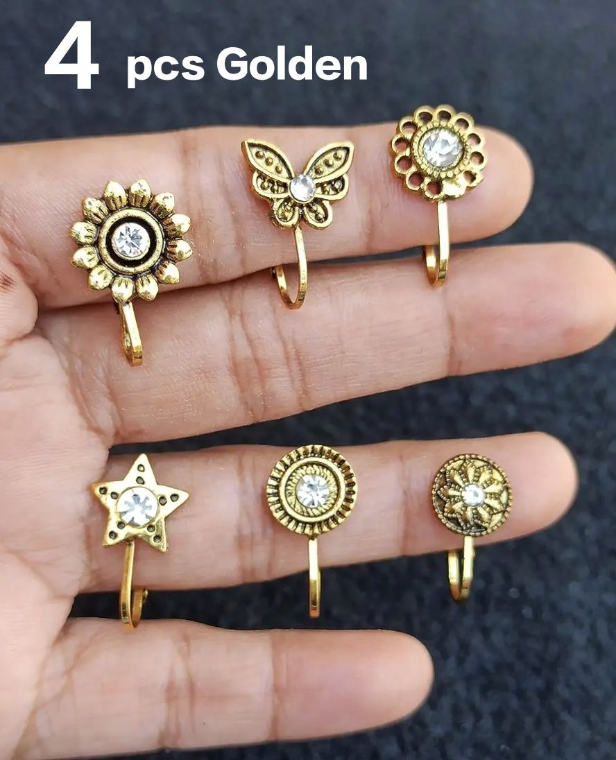 6 Pieces Oxidized Nose Ring Jewelry Nose Pin Jewelry Multiple Design Fake Nose Pin Jewelry Golden And Silver Tone Stainless Steel Nose Jewelry For Girls And Women Non Piercing And Piercing Use - 4 Pcs Golden
