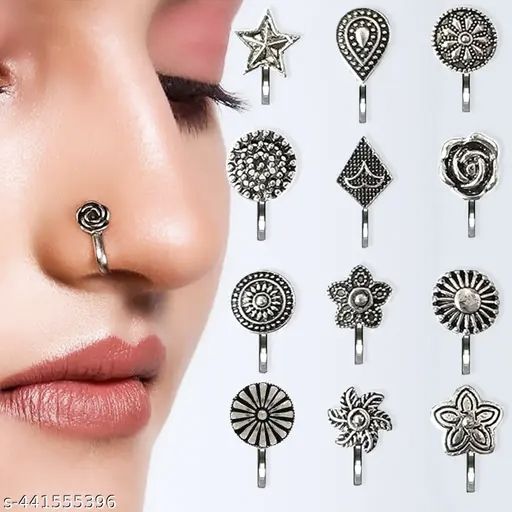 6 Pieces Oxidized Nose Ring Jewelry Nose Pin Jewelry Multiple Design Fake Nose Pin Jewelry Golden And Silver Tone Stainless Steel Nose Jewelry For Girls And Women Non Piercing And Piercing Use - 6 Pcs Silver