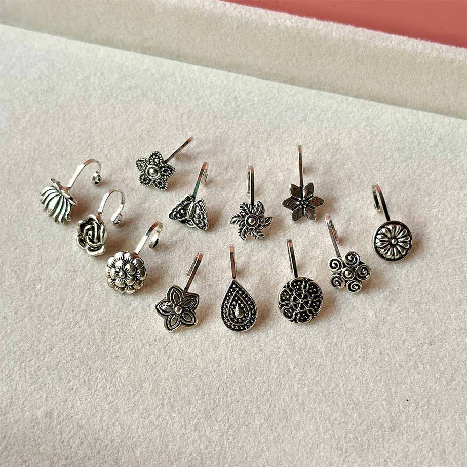 6 Pieces Oxidized Nose Ring Jewelry Nose Pin Jewelry Multiple Design Fake Nose Pin Jewelry Golden And Silver Tone Stainless Steel Nose Jewelry For Girls And Women Non Piercing And Piercing Use - 6 Pcs Silver