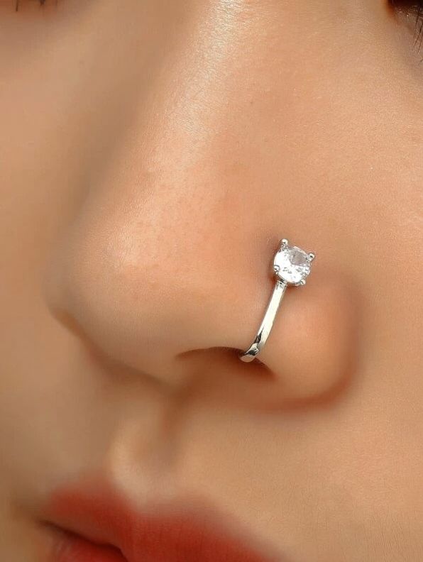 Zarkoon Fake Nose Pin Jewelry Nose Hoops Non Piercing Nose Ring Jewelry Single Stone Stainless Steel Golden And Silver Tone Stylish Nose Jewelry For Girls And Women Daily Party Wear Nose Jewelry Accessory